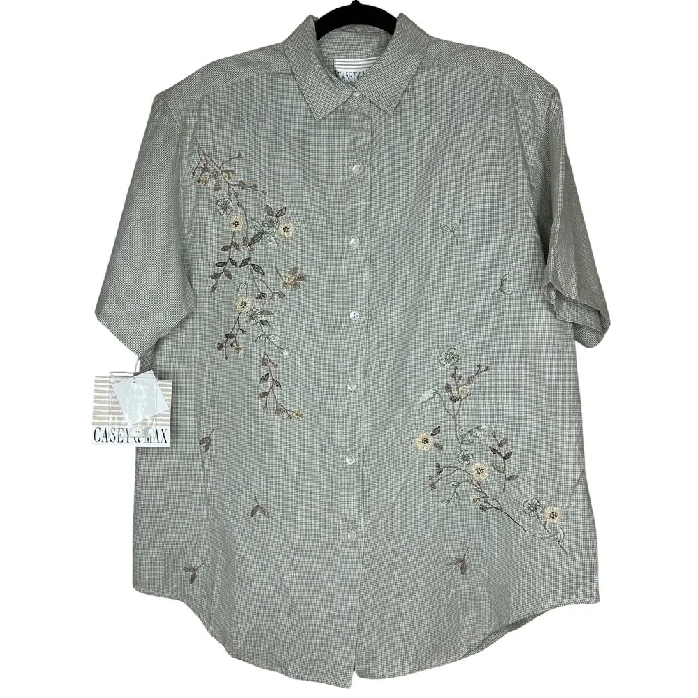 Casey & Max VTG Green Cottage Floral Embroidered Cotton Linen Check Shirt S NEW